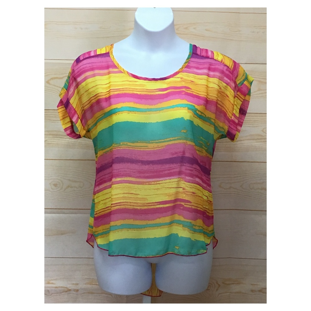 Women's Rainbow Color Striped Hi-Lo Hem Blouse Top - Picture 5 of 8